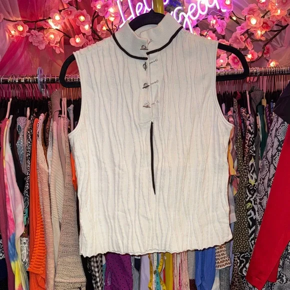 Jamie sadock Cream Ribbed Sleeveless Tank with Black Trim - Picture 1 of 3